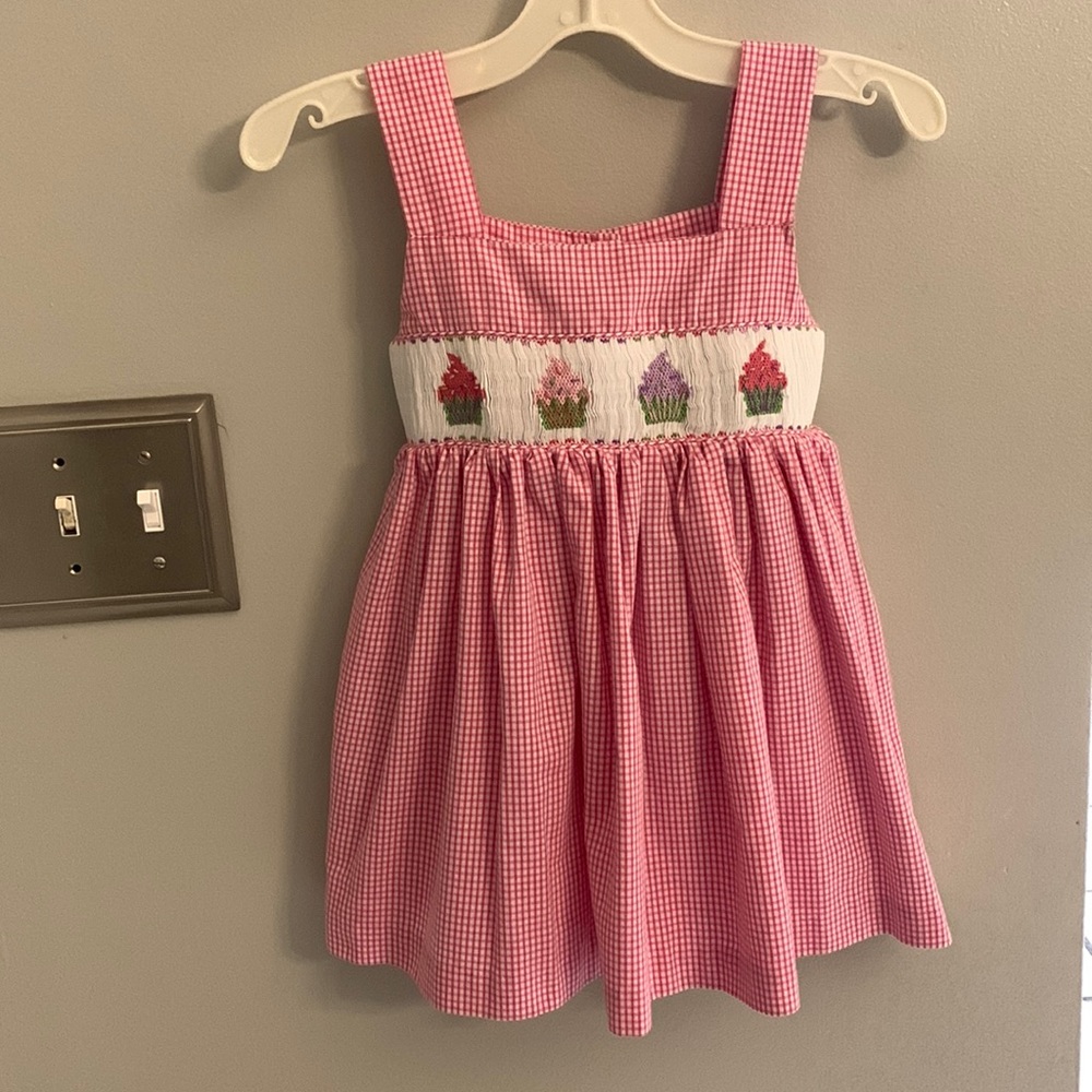 Pink Gingham Kids Dress with Cupcake Embroidery